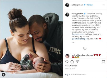 Ashley Graham posts photo with her baby and husband in Instagram.